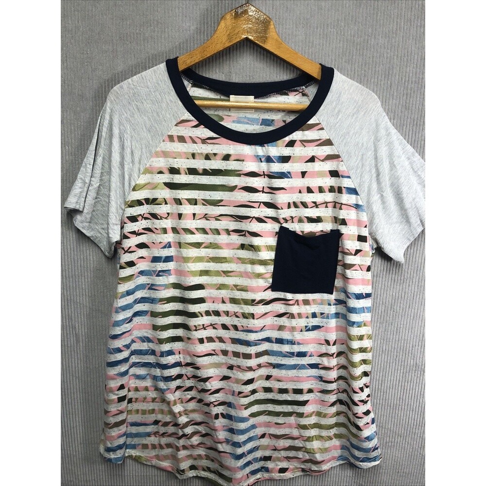 Lovely Melody Top Size 1XL Gray Stripe Blue Pink Floral Short Sleeve NWOT